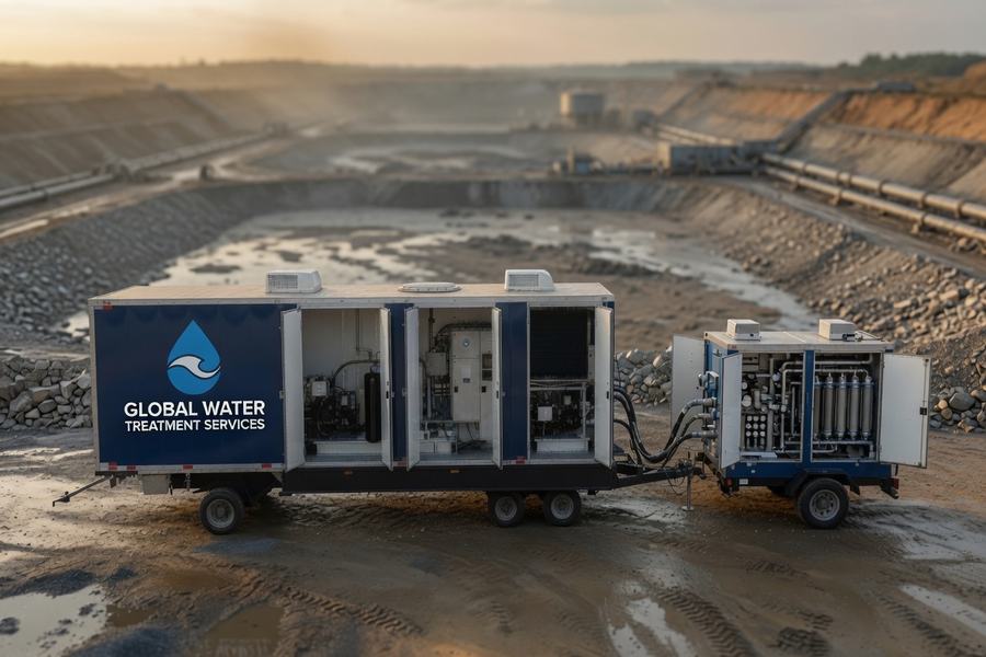 Global Water Treatment Services — trailer-mounted MF and RO system deployed at an oil sands mine site
